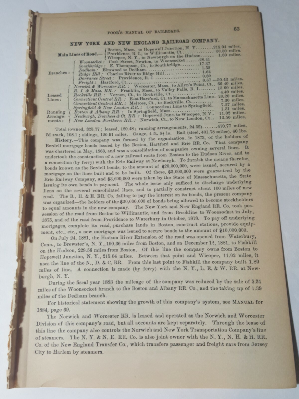 1887 train document NEW YORK & NEW ENGLAND RAILROAD Woonsocket Dedham Ridgehill