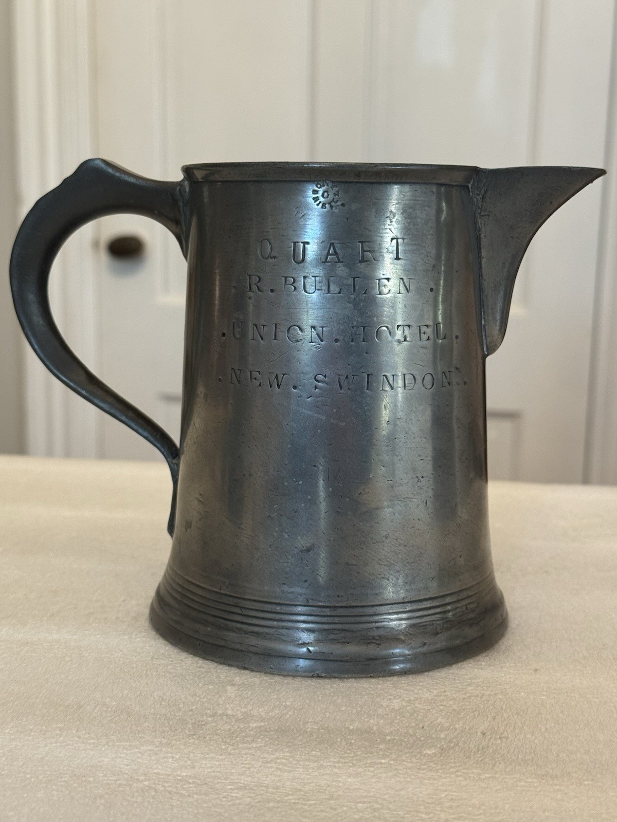 Fantastic Antique 19th C Pewter Beer Advertising Pitcher Union Hotel New Swindon