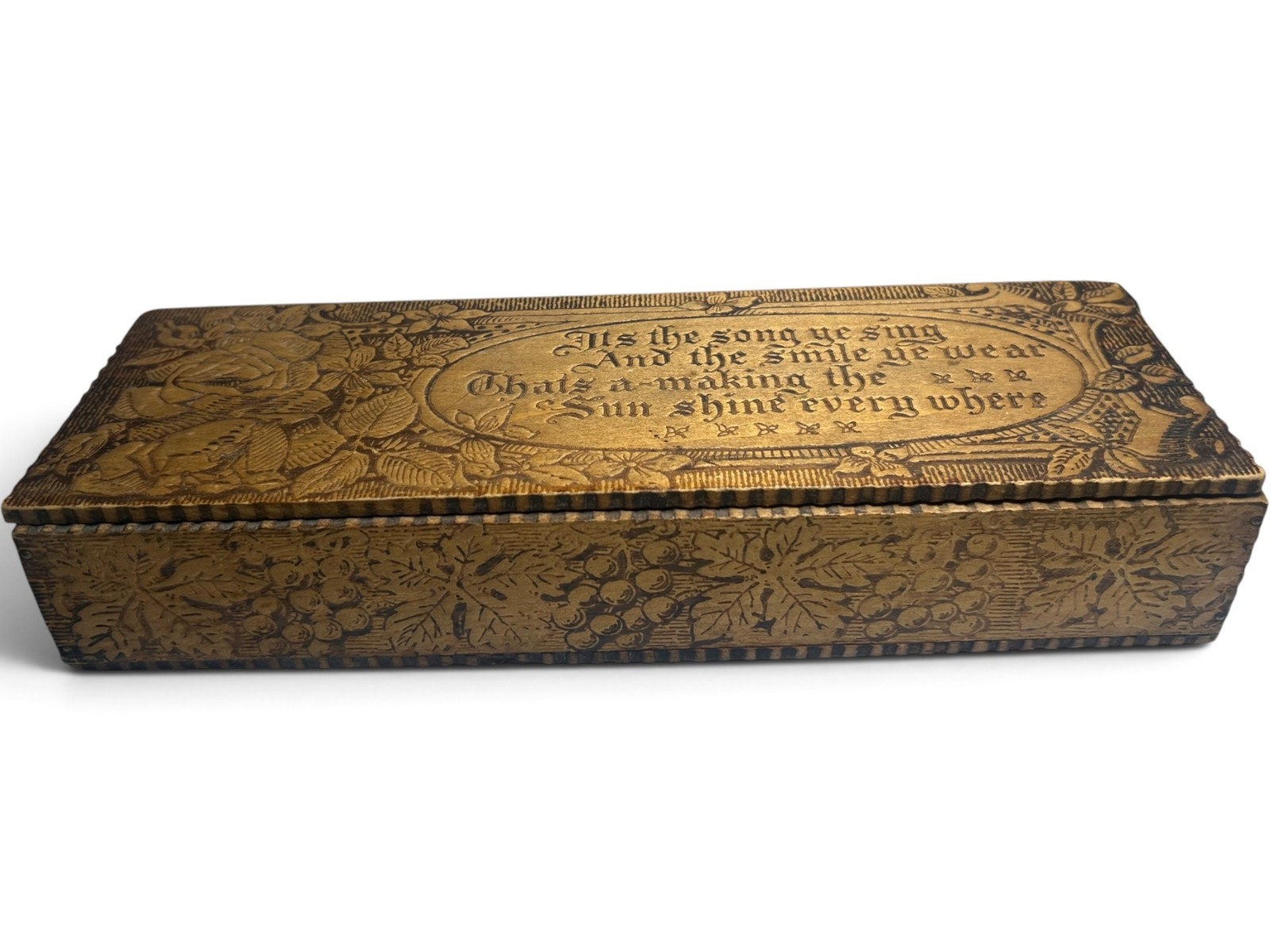 Antique LF Grammes Wizard Pyrography Wood Glove Box Flemish Art Style Rose Poem⁠