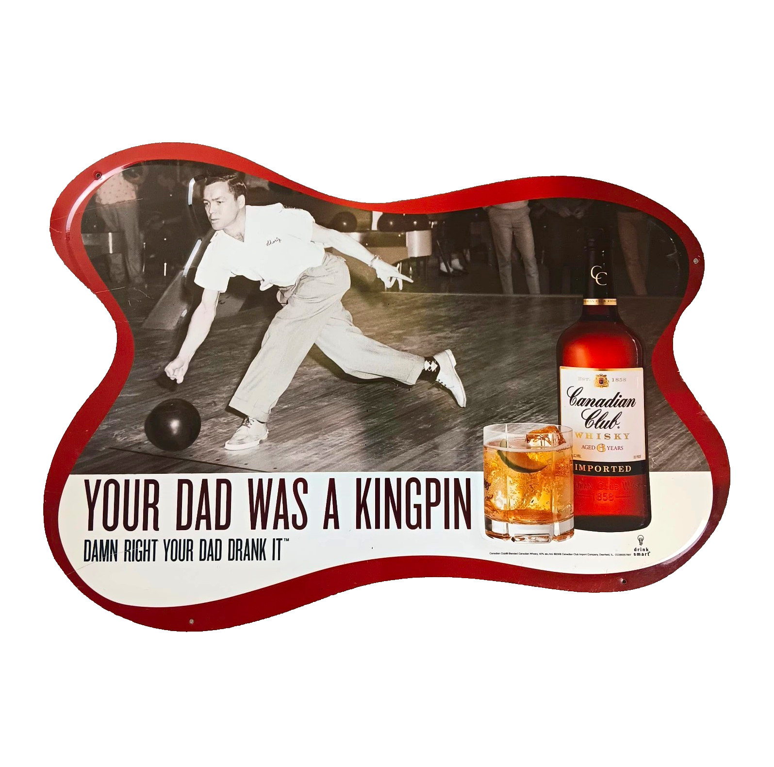 VTG Canadian Club Imported Whisky Metal Tin Bowling Sign Beer Bar Advertising 