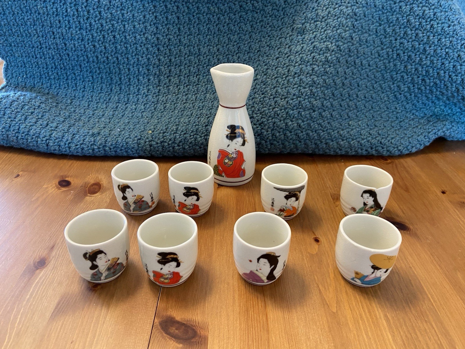 Japanese Geisha Sake Set 9 Piece Carafe and 8 Cups Vintage Ceramic Barware Japanese Geisha Sake Set 9 Piece Carafe and 8 Cups Vintage Ceramic Barware
