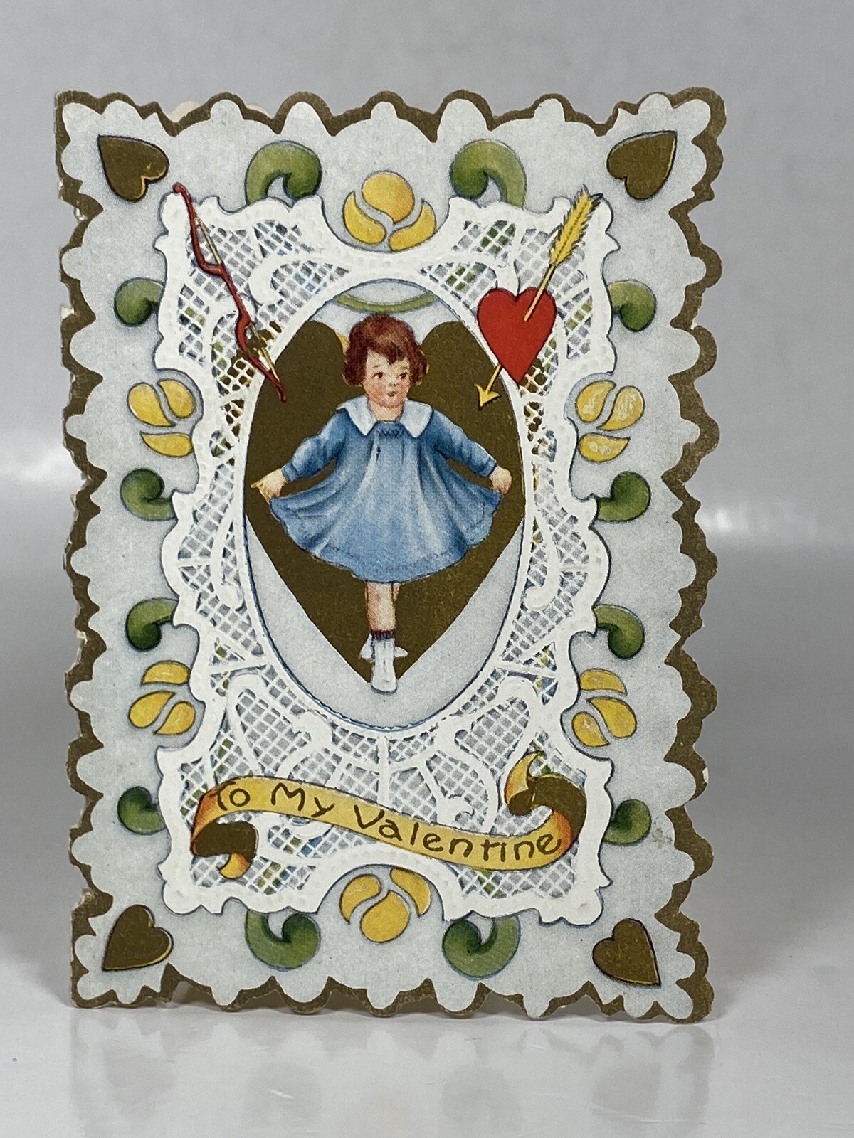 Vtg 1930s To My Valentine Whitney Made Card Girl Dress Bow Arrow Gold Embossed