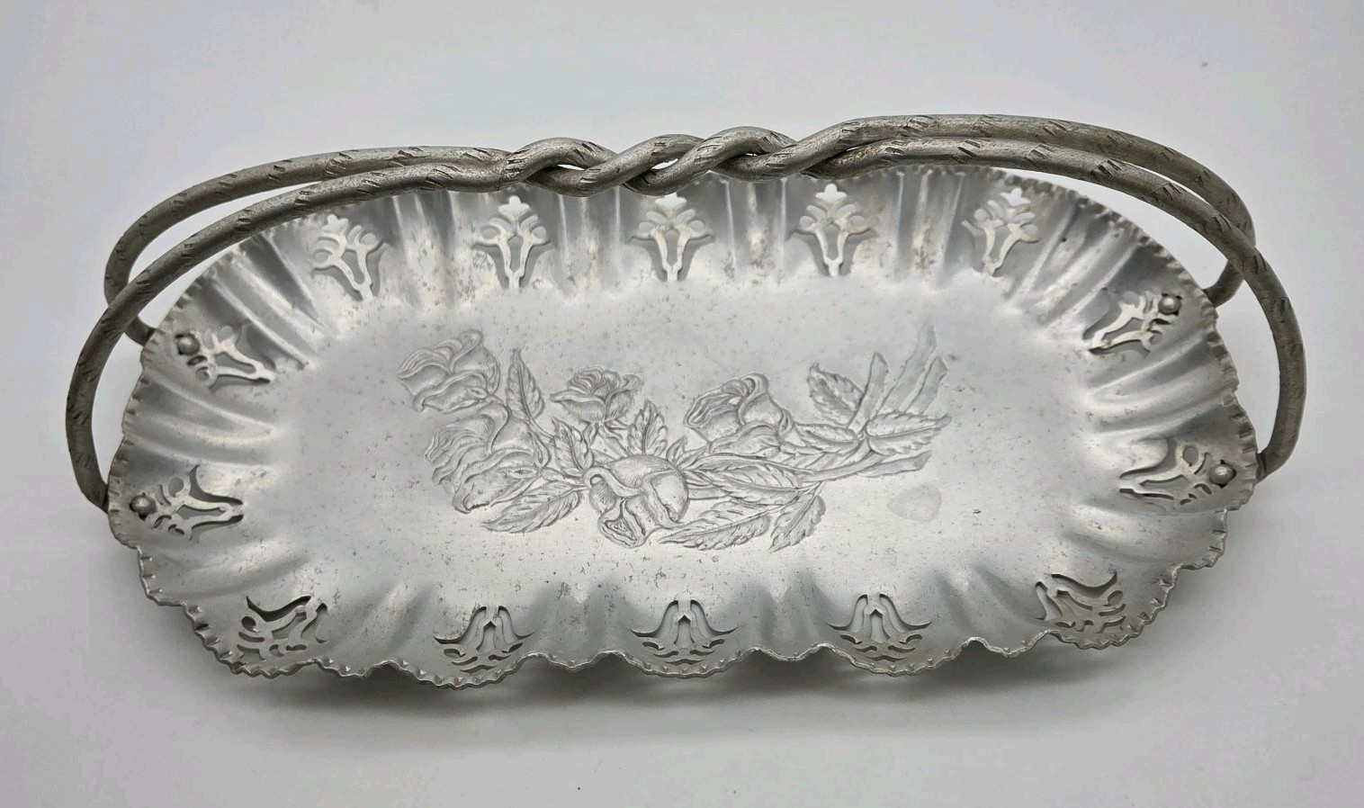 Farber & Shlevin Hand Wrought Aluminum Basket Tray Floral Cutouts Farber & Shlevin Hand Wrought Aluminum Basket Tray Floral Cutouts