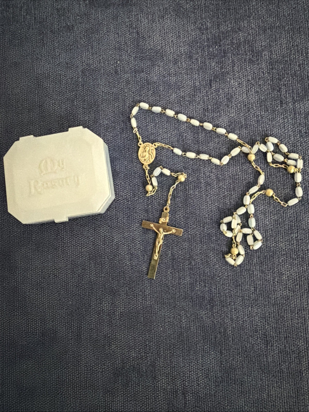 Vintage  Small  Blue  Rosary Box & Matching Rosary
