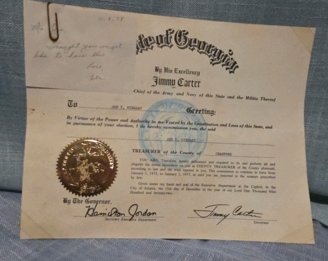 RARE 1970s Jimmy Carter Signed Georgia Governor Appointment Certificate RARE 1970s Jimmy Carter Signed Georgia Governor Appointment Certificate