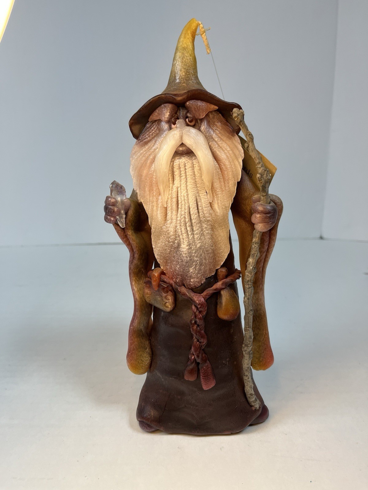 Wizard Wax Works Hand Sculpted Candle Merlin Gandal holding Staff Crystal 10”