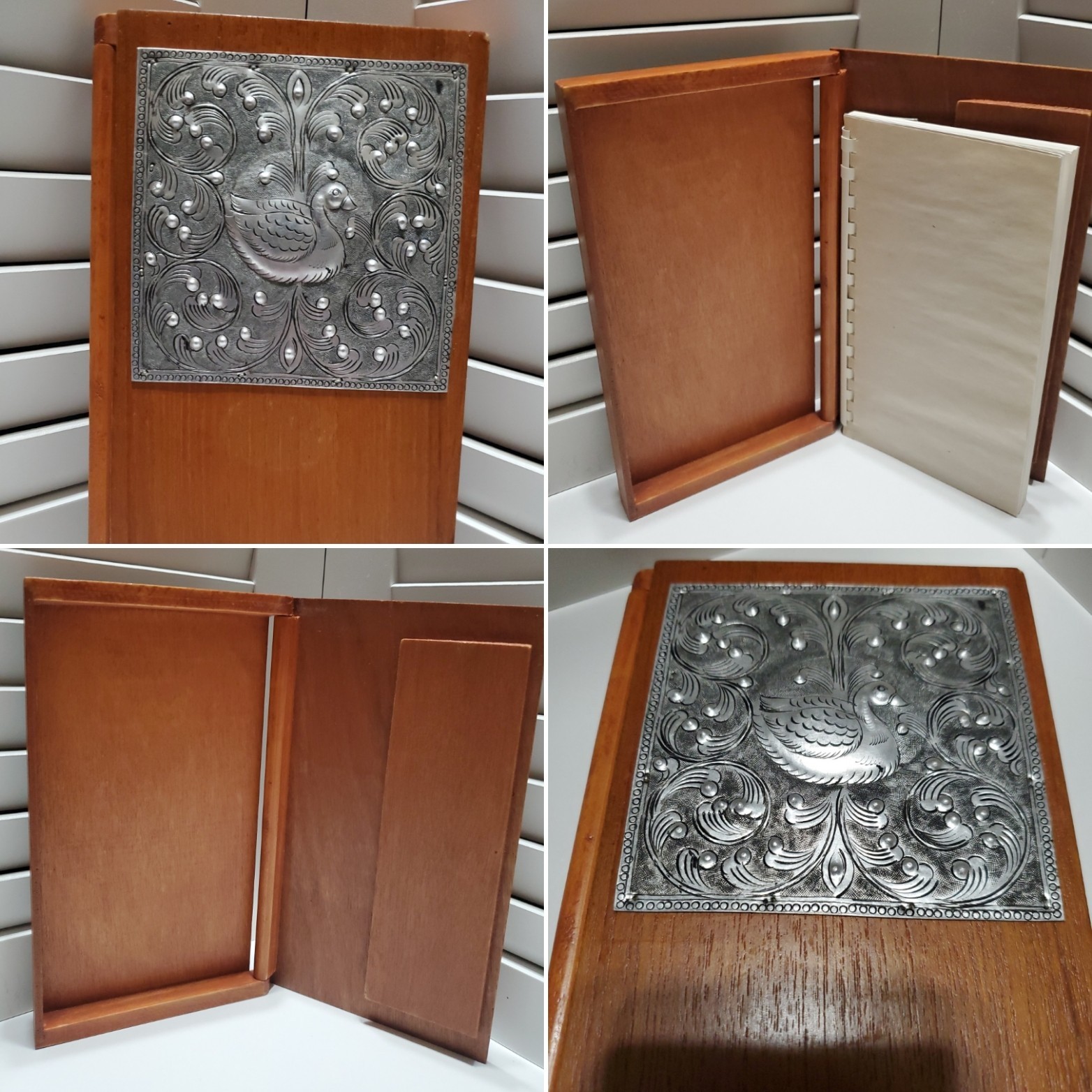 Vtg Wood Duck Scroll Repousse Engraved Metal Plaque Telephone Address Box Book