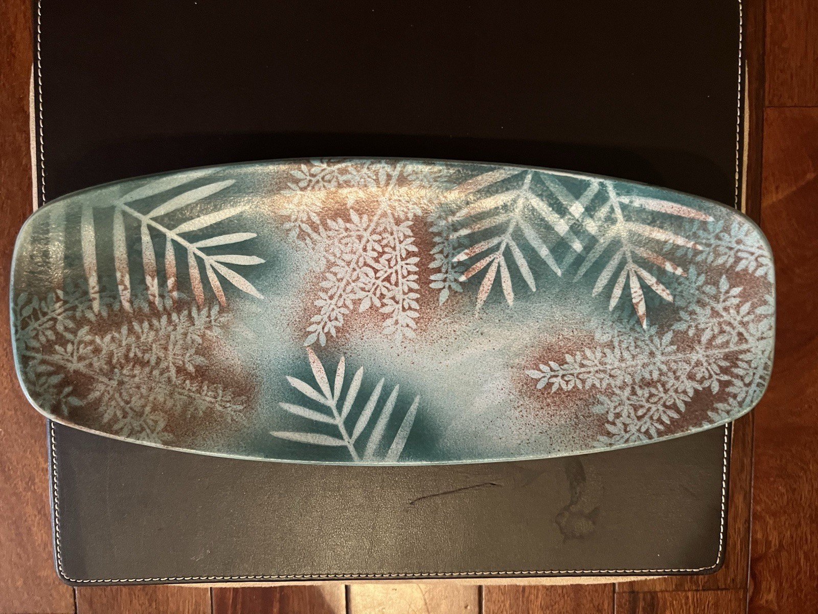Vintage Holland Mold 14” Ceramic Platter MCM Turquoise Tropical Leaf Design