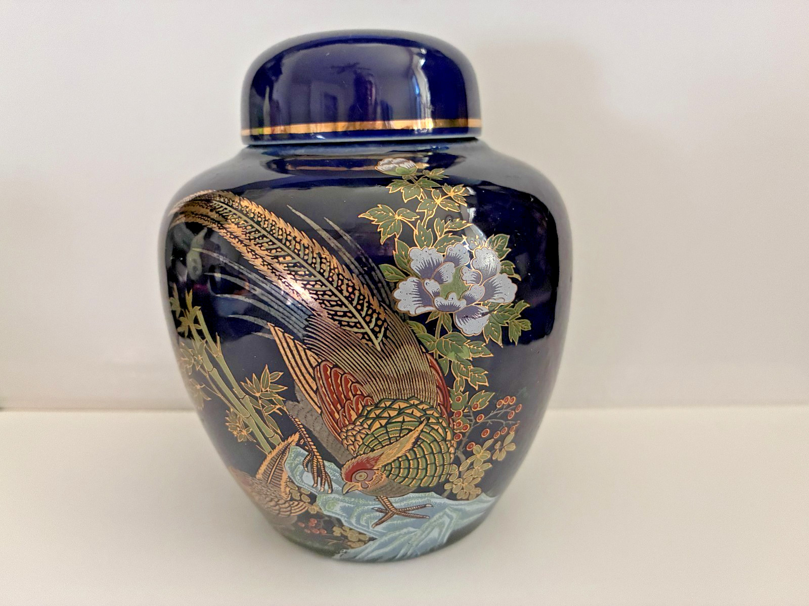 Vintage Cobalt Blue Porcelain Ginger Jar - Birds/Floral Gold Trim Vintage Cobalt Blue Porcelain Ginger Jar - Birds/Floral Gold Trim