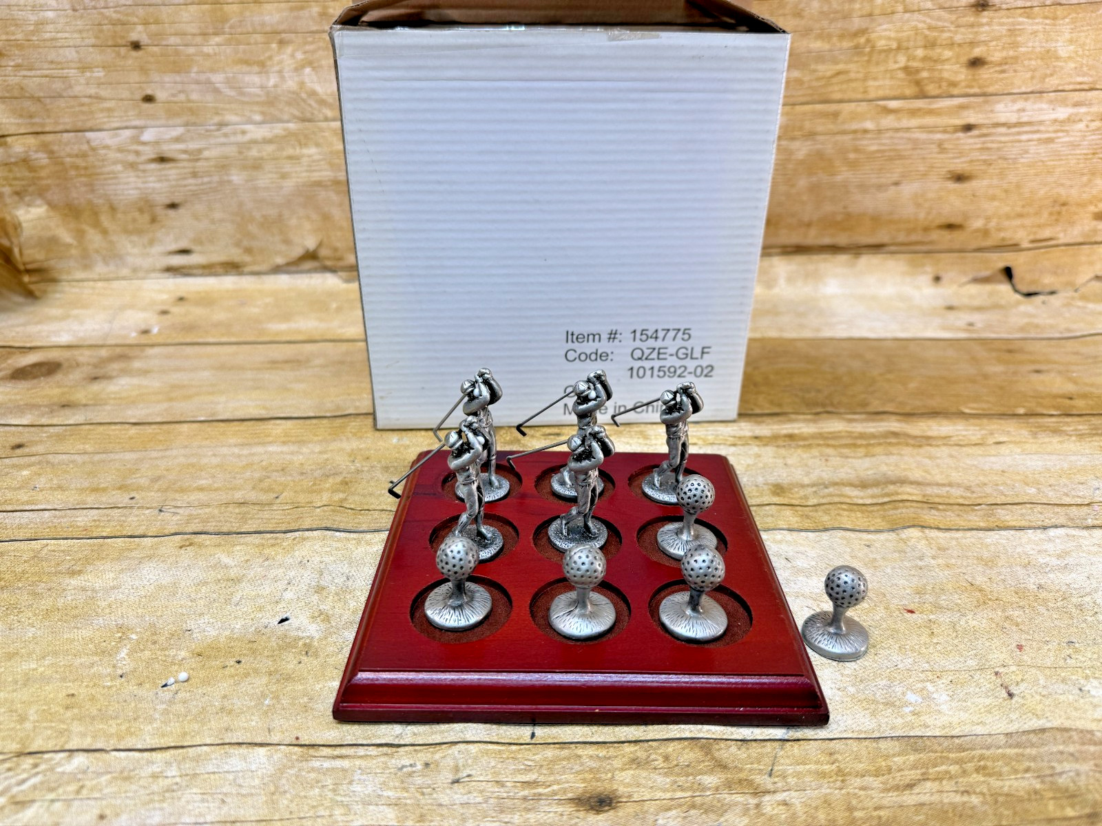 Golf Tic Tac Toe Set Pewter Figures Cherry Wood Board Office Game ⛳NEW Vintage ⛳