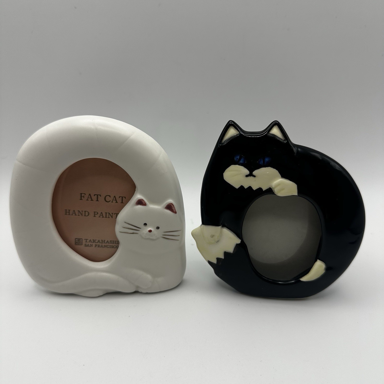 2 Vtg Takahashi San Francisco “Fat Cat” Hand Painted Ceramic Picture Frames