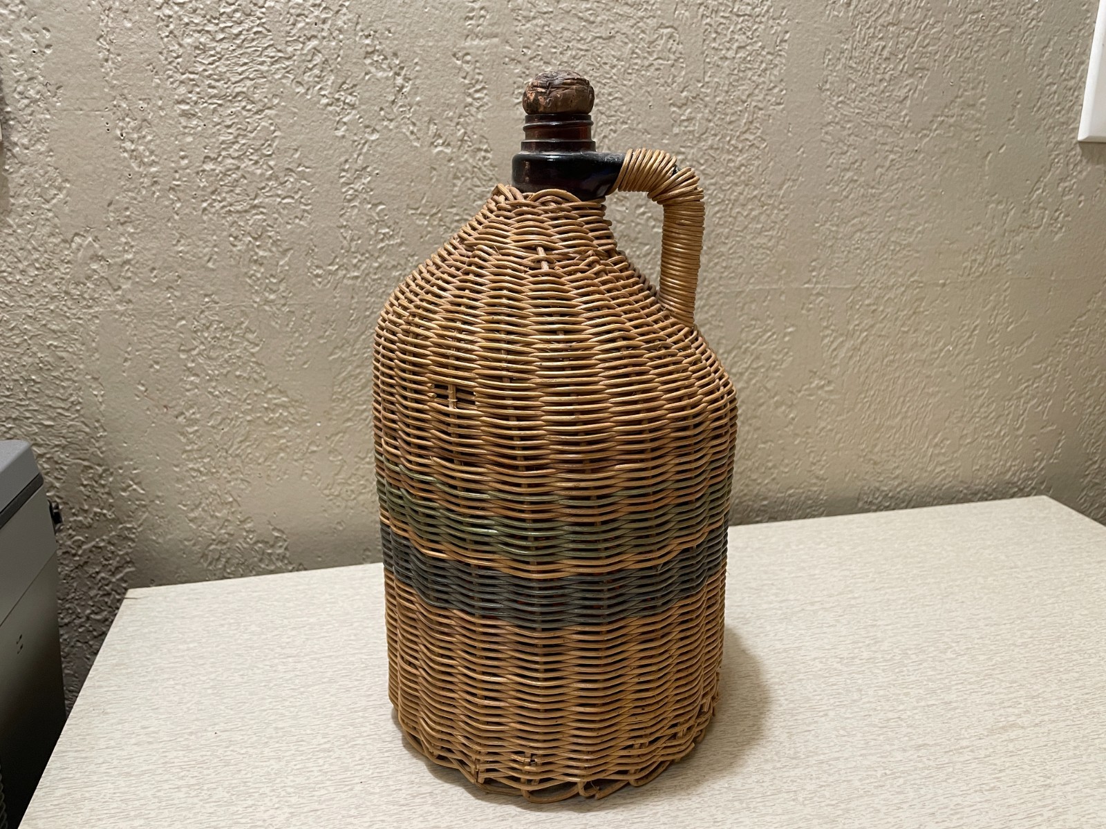 Vintage Wicker Wrapped Glass Whiskey Wine  Bottle Jug Half Gal Cork Cap 1930/40s