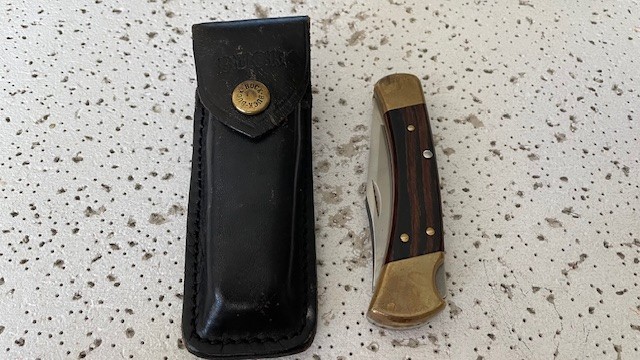 Vintage BUCK110C U.S.A Custom Hunting Pocket Knife Ebony Wood Handle W/Leather