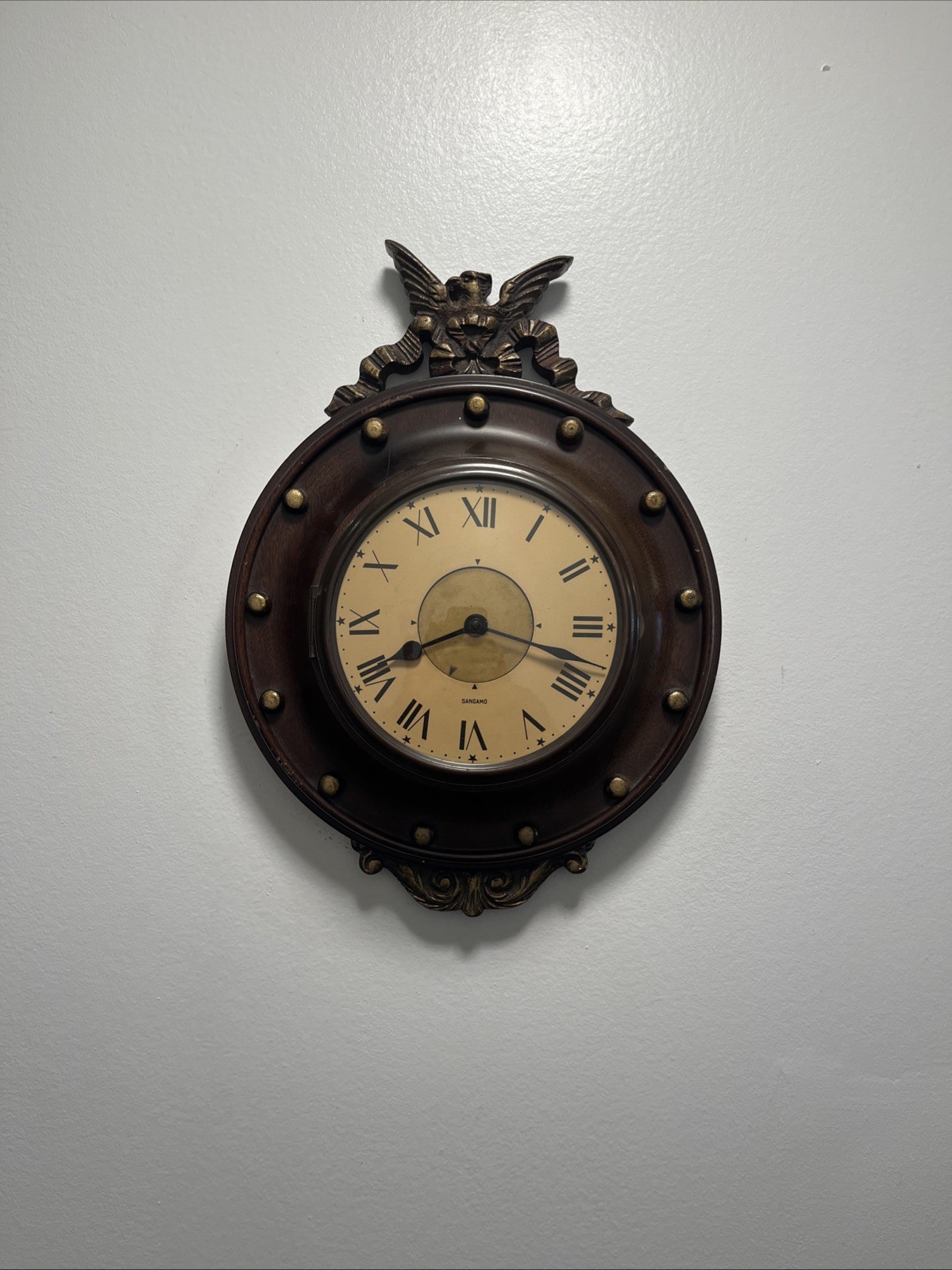 Rare Antique 1931 Sangamo Electric Wall Clock Eagle Federal Mahogany Porthole Rare Antique 1931 Sangamo Electric Wall Clock Eagle Federal Mahogany Porthole
