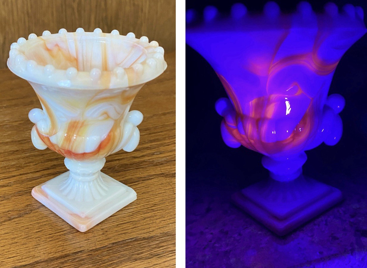 VTG UV REACTIVE AKRO AGATE Slag Glass VOGUE Merc Co Toothpick Urn Vase 3.25\ VTG UV REACTIVE AKRO AGATE Slag Glass VOGUE Merc Co Toothpick Urn Vase 3.25\