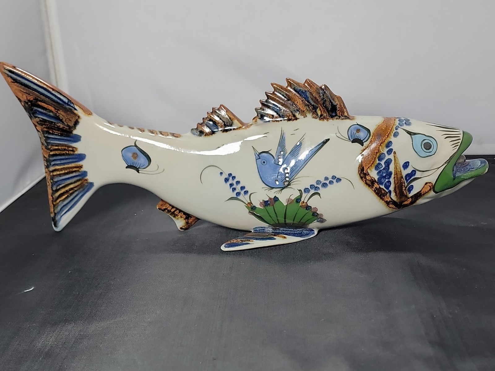Vintage Ken Edwards Tonalá Mexican Pottery Large Fish Sculpture Signed KE 18\
