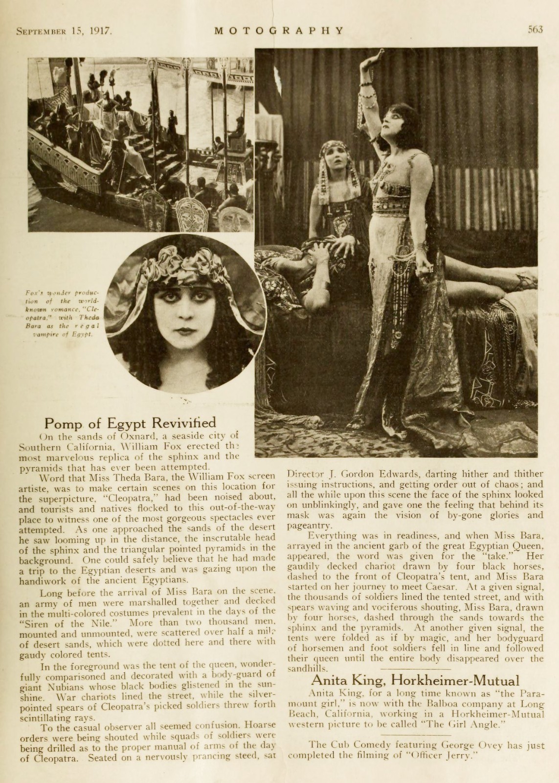 THEDA BARA - Actor - 1917 Magazine Article on Cleopatra - 5 x 7 inch Reprint