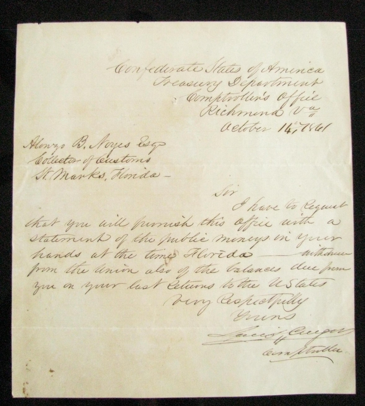 CIVIL WAR CONFEDERATE FLORIDA MONEY LETTER 1861  MAJOR A.B. NOYES