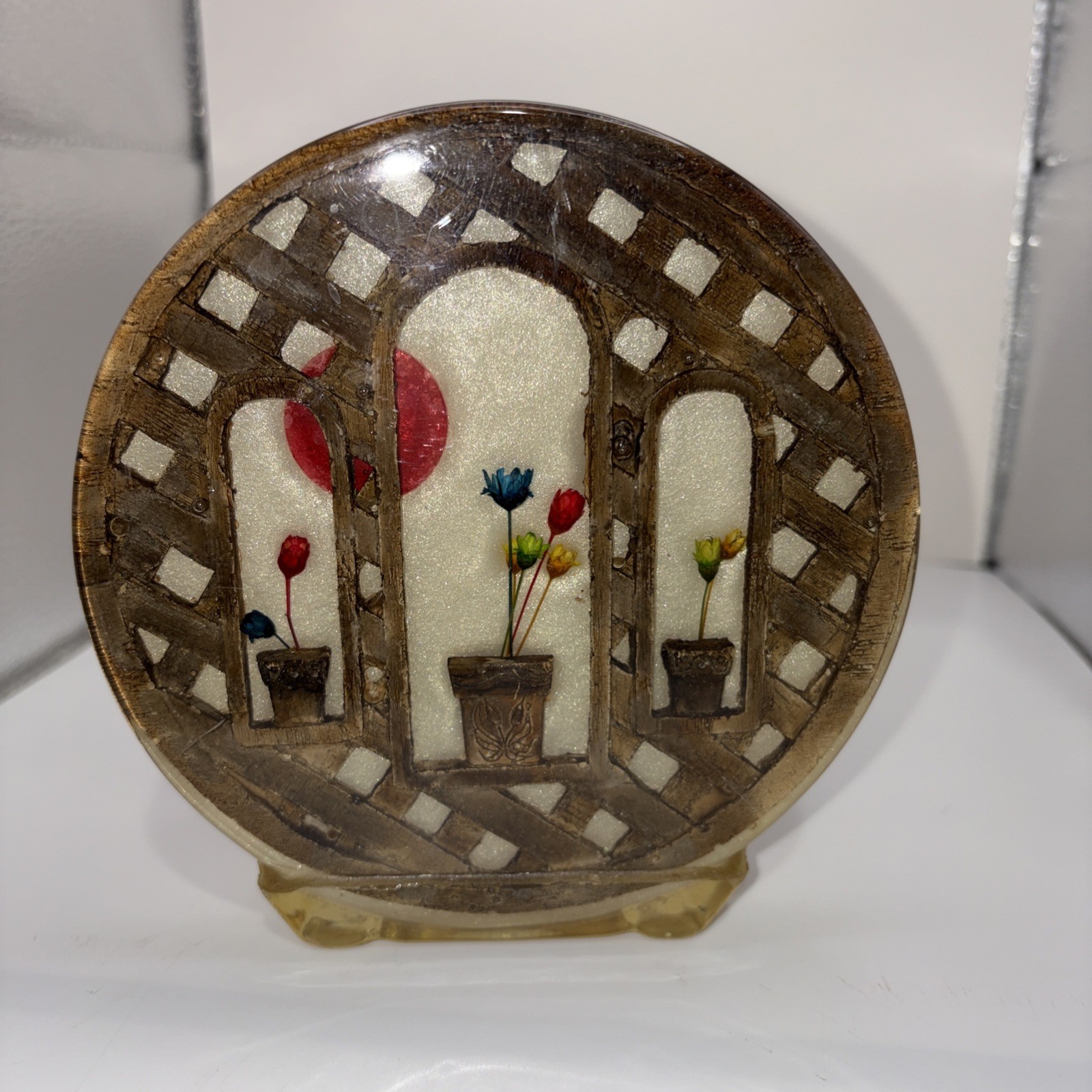 Vintage Lucite Round Napkin Holder Lattice, Windows, Dried Flowers. 5.25” Vintage Lucite Round Napkin Holder Lattice, Windows, Dried Flowers. 5.25”