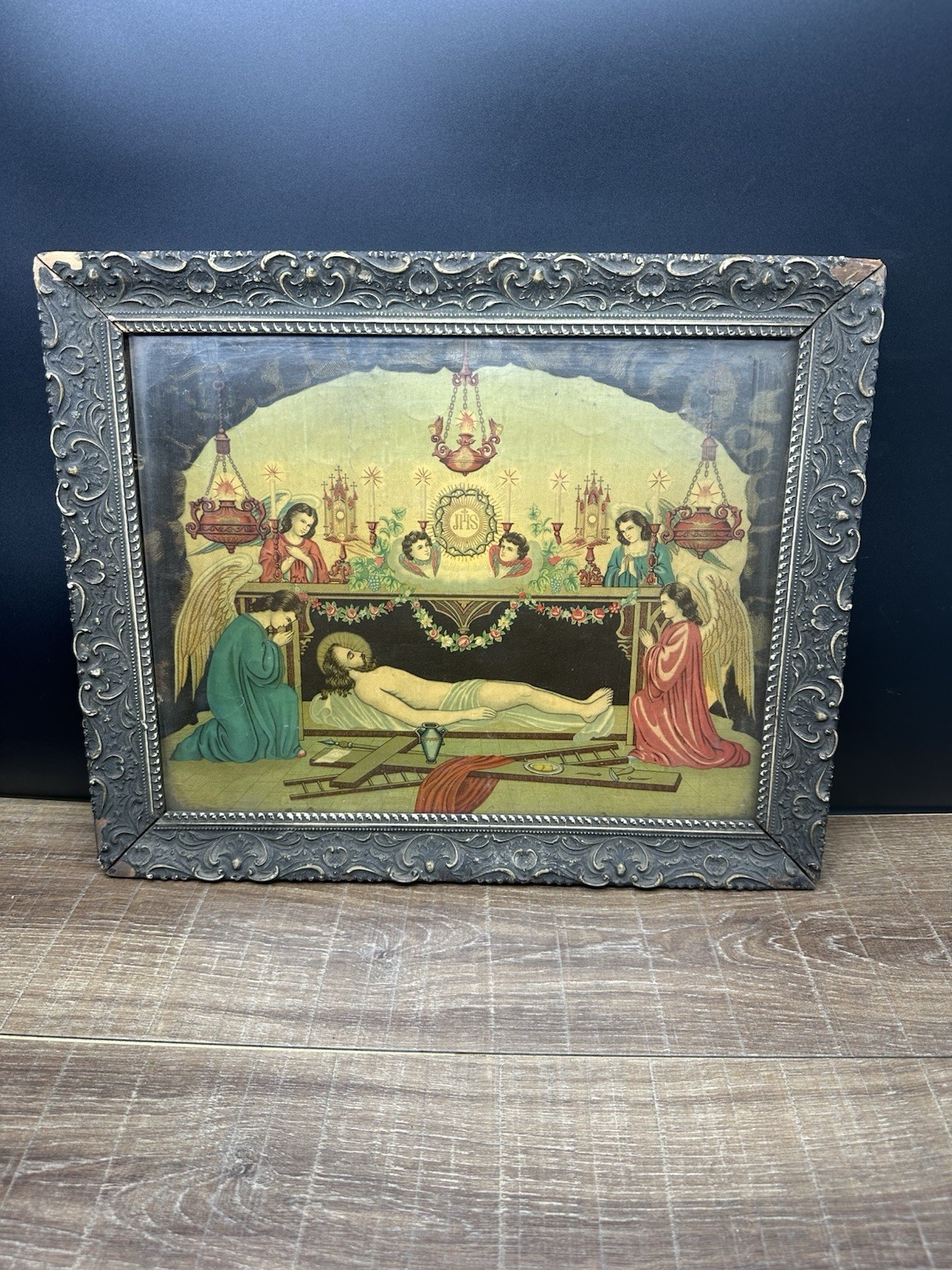 Antique c1904 Interior of Christ’s Grave Chromolithograph Framed Catholic