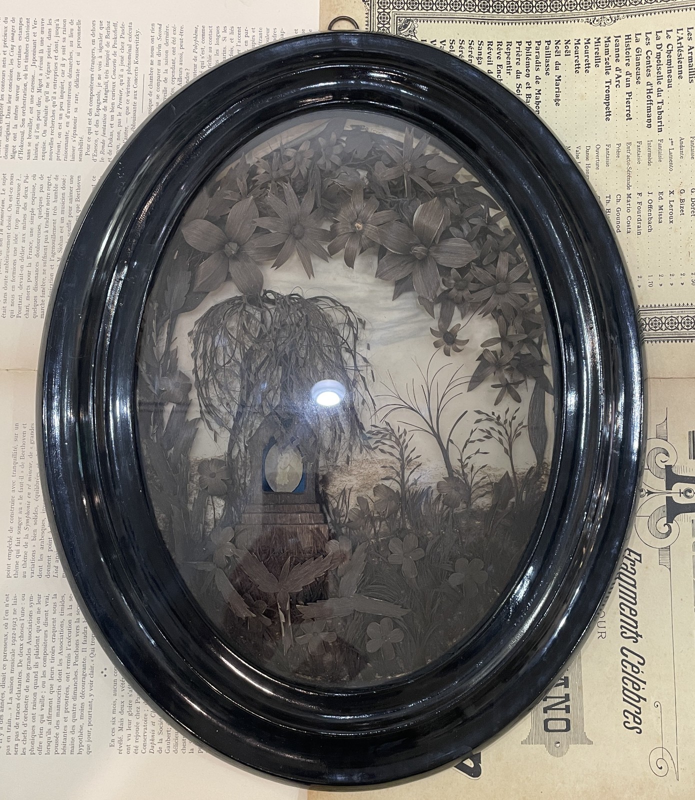 RARE Large Antique French Mourning Hair Art Glass Wooden Frame c1880 18 inches