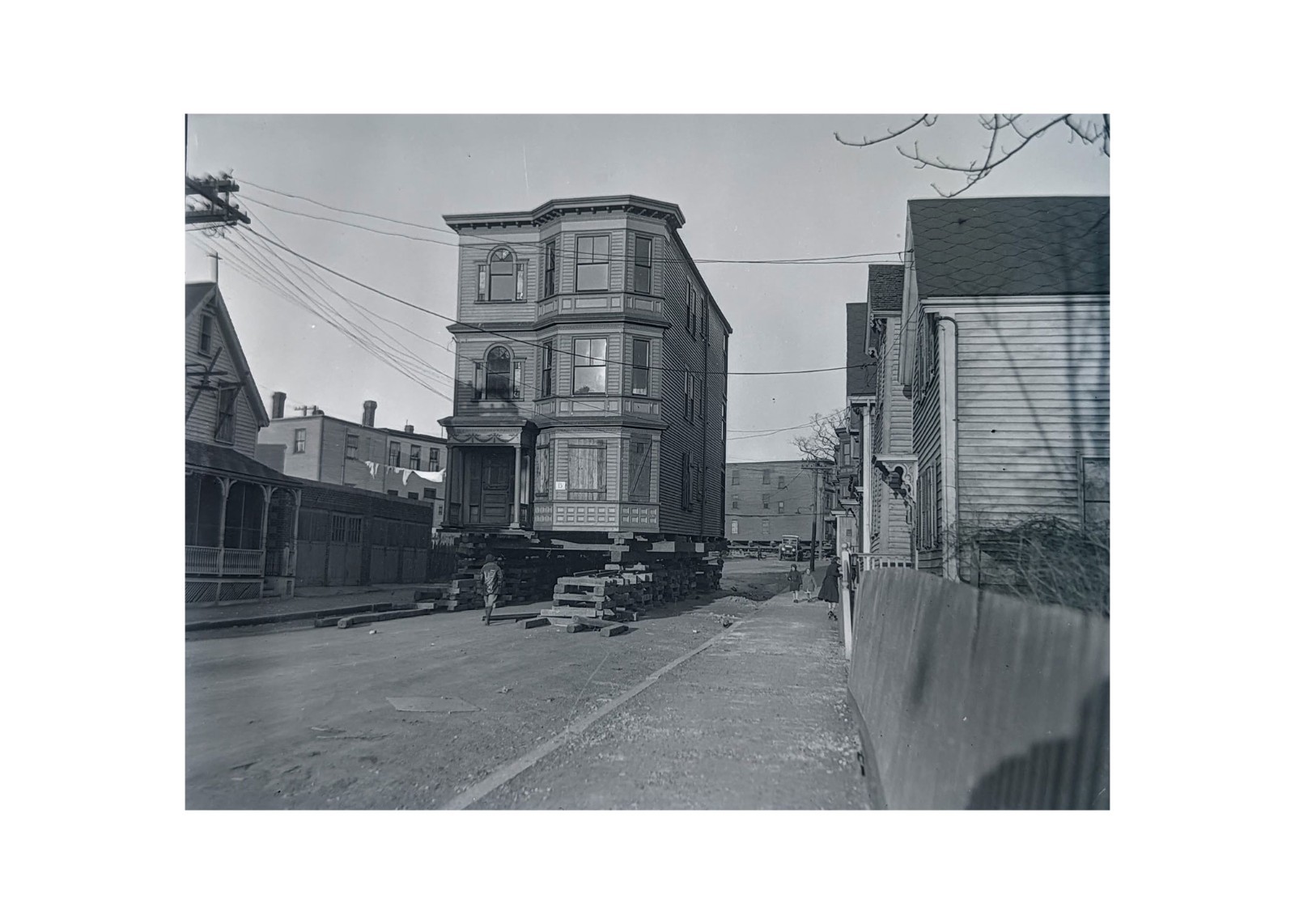 1935 East Boston MA Moving Victorian Tenement House Down Street Glass Neg OOAK