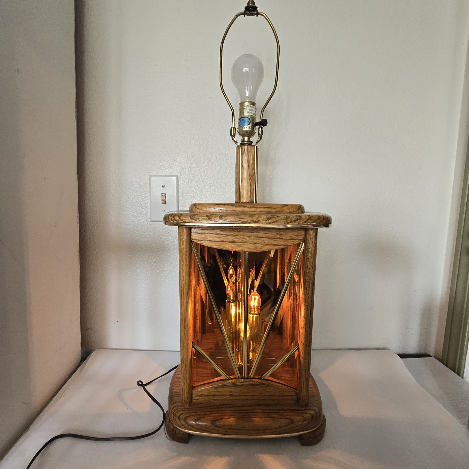 Vintage B.W. Wood Mexico Oak Table Lamp Smoked Glass Brass Lighted Base 3 way