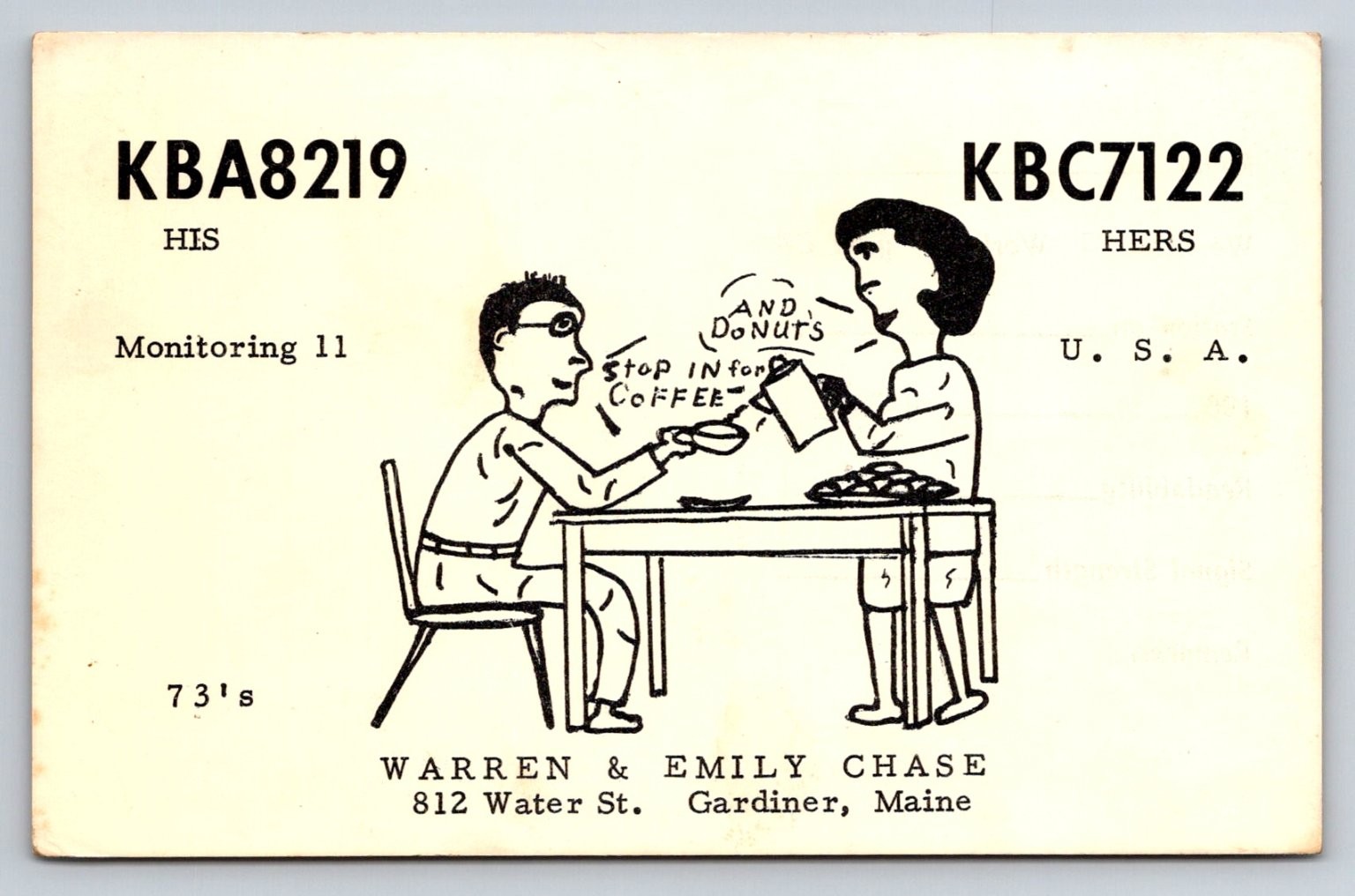 Vintage CB Radio QSL Postcard Warren & Emily Chase Gardiner Maine Coffee Donuts