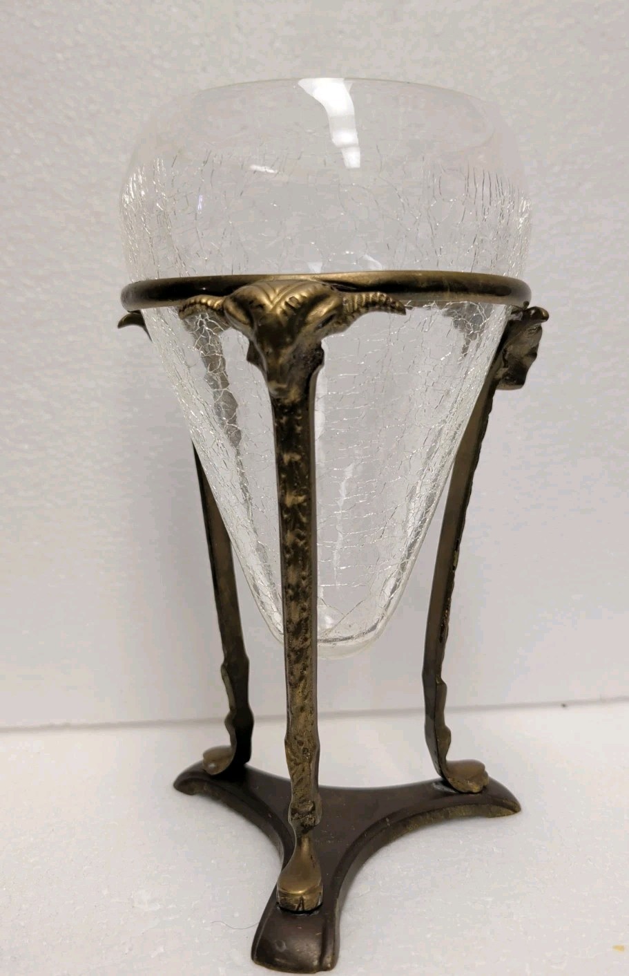 Blenko Art Deco Style Crackle Glass Vase /Rams Head Brass Stand 1960\'s 8\ Blenko Art Deco Style Crackle Glass Vase /Rams Head Brass Stand 1960\'s 8\