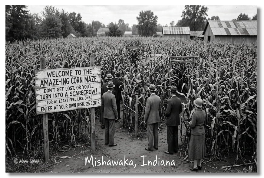 Vintage‑STYLE  ART 1930s RPPC-CORN MAZE-MISHAWAKA INDIANA-FAUX PHOTO