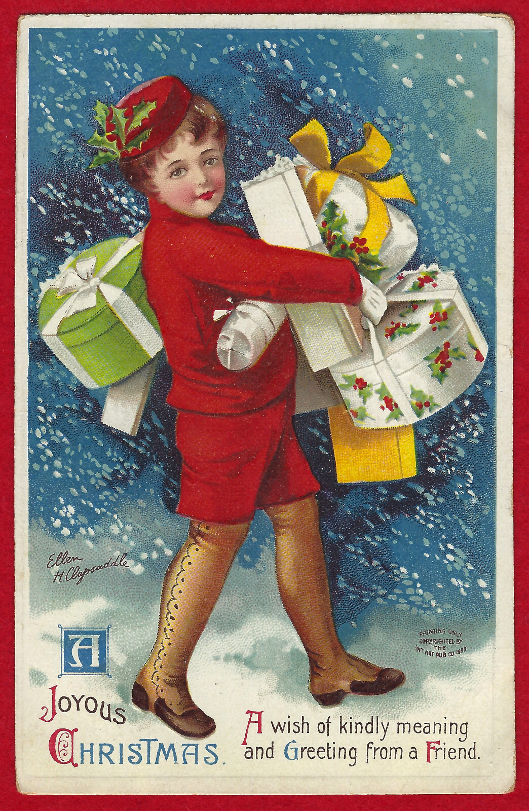 Vtg Clapsaddle Christmas Delivery Boy Presents Red Cap Snow A/S PC Emb c1909 EUC
