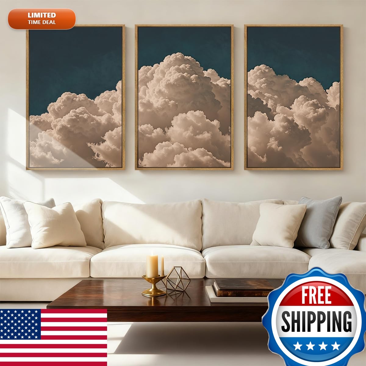 IARTTOP Large Framed Cloud Blue Navy Cloud Canvas 16x24 Set of 3 Wall Art