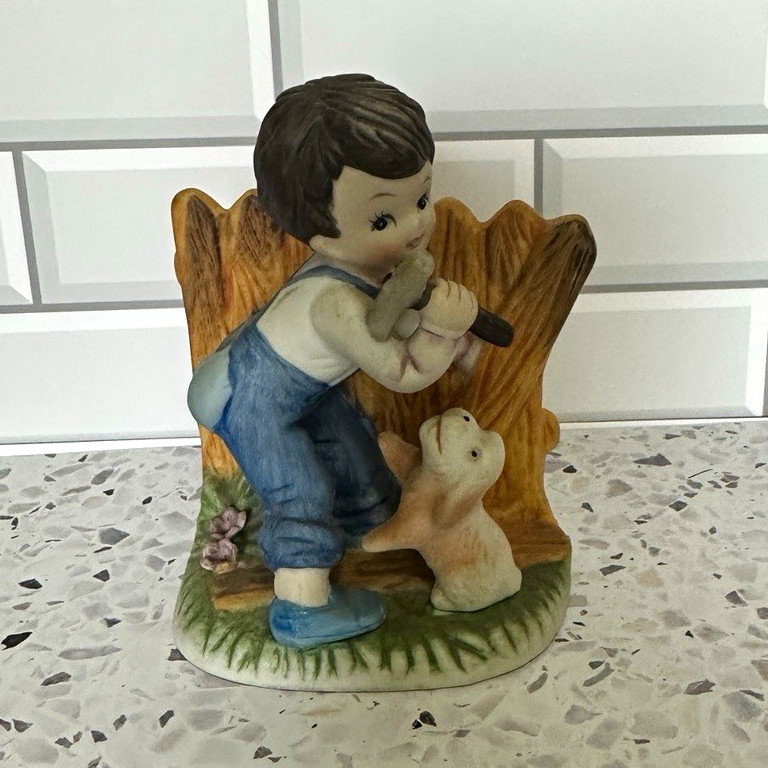 Vintage FBIA Boy Mending Fence Puppy Figurine Taiwan Hand Painted Porcelain 4.5\