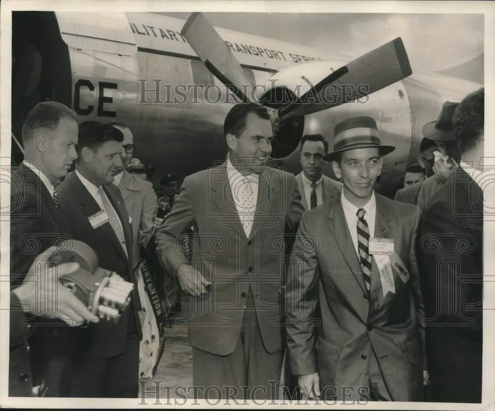 1957 Press Photo Richard Nixon at airport surrounded by cameramen. - mjx73225 1957 Press Photo Richard Nixon at airport surrounded by cameramen. - mjx73225