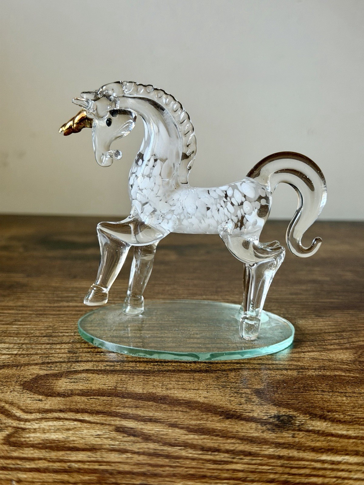Glass Unicorn Miniature Figurine White Speckled with Gold Horn