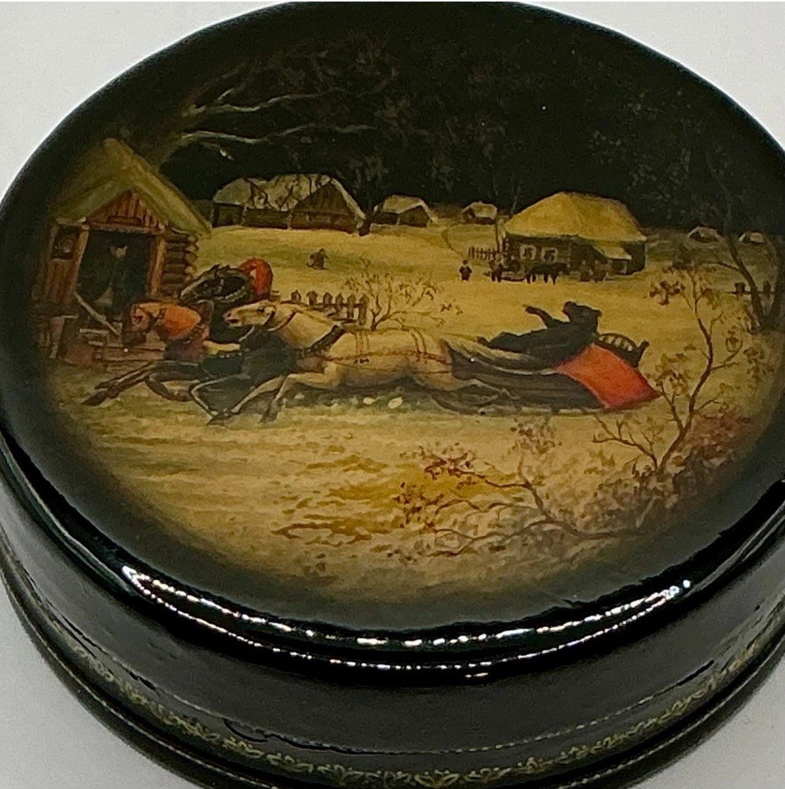 Antique 19thC Imperial Russian Lacquer Box Vishnyakov General Toptygin Troika⁠
