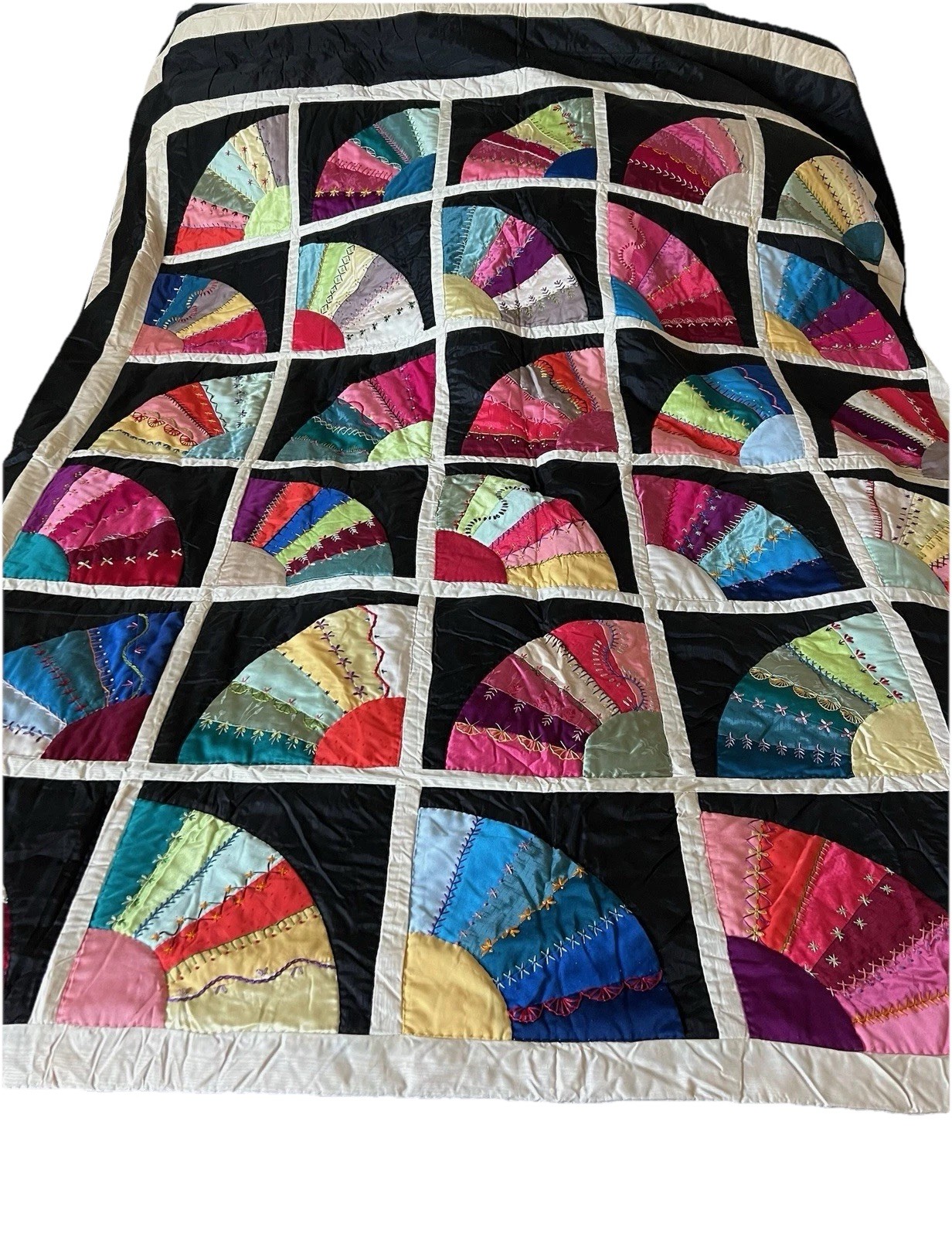 Vintage Grandmother’s Quarter Fan Embroidered Quilt 91 In X 80 In Vintage Grandmother’s Quarter Fan Embroidered Quilt 91 In X 80 In