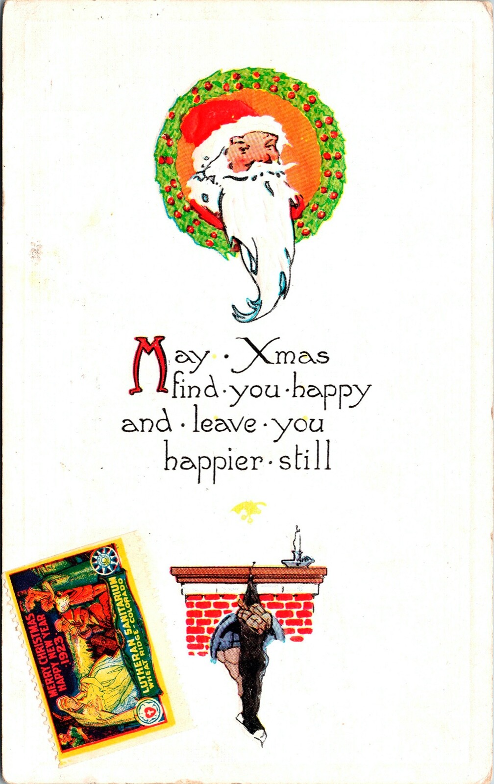 Vintage 1923 Santa Claus Christmas Postcard Lutheran Wheat Ridge Sanitarium Seal