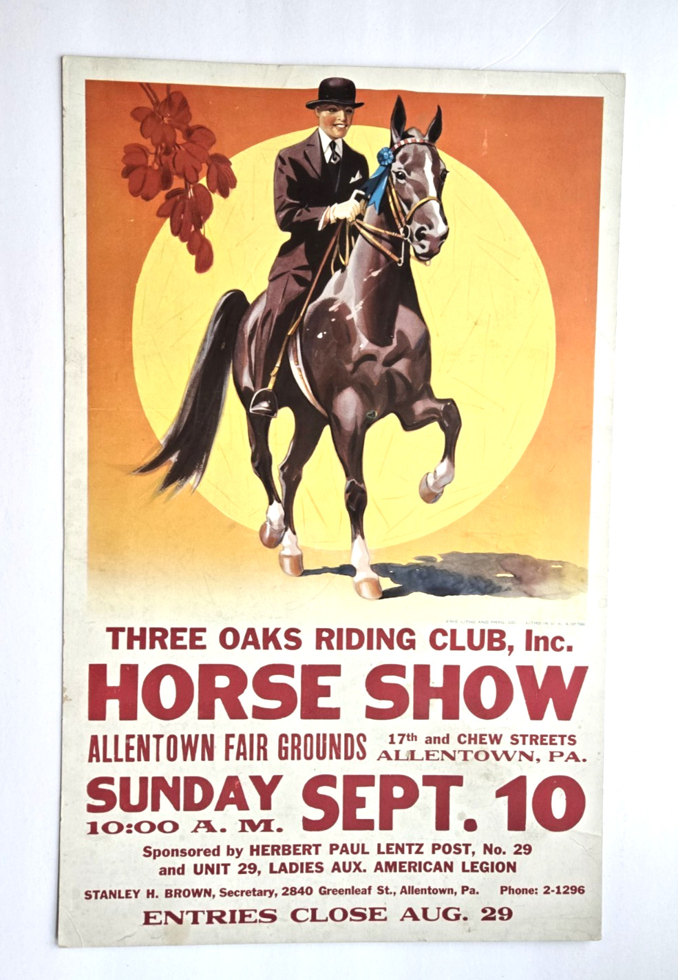 Vintage 1940s Horse Show Poster - Allentown PA Three Oaks Riding Club Erie Litho Vintage 1940s Horse Show Poster - Allentown PA Three Oaks Riding Club Erie Litho