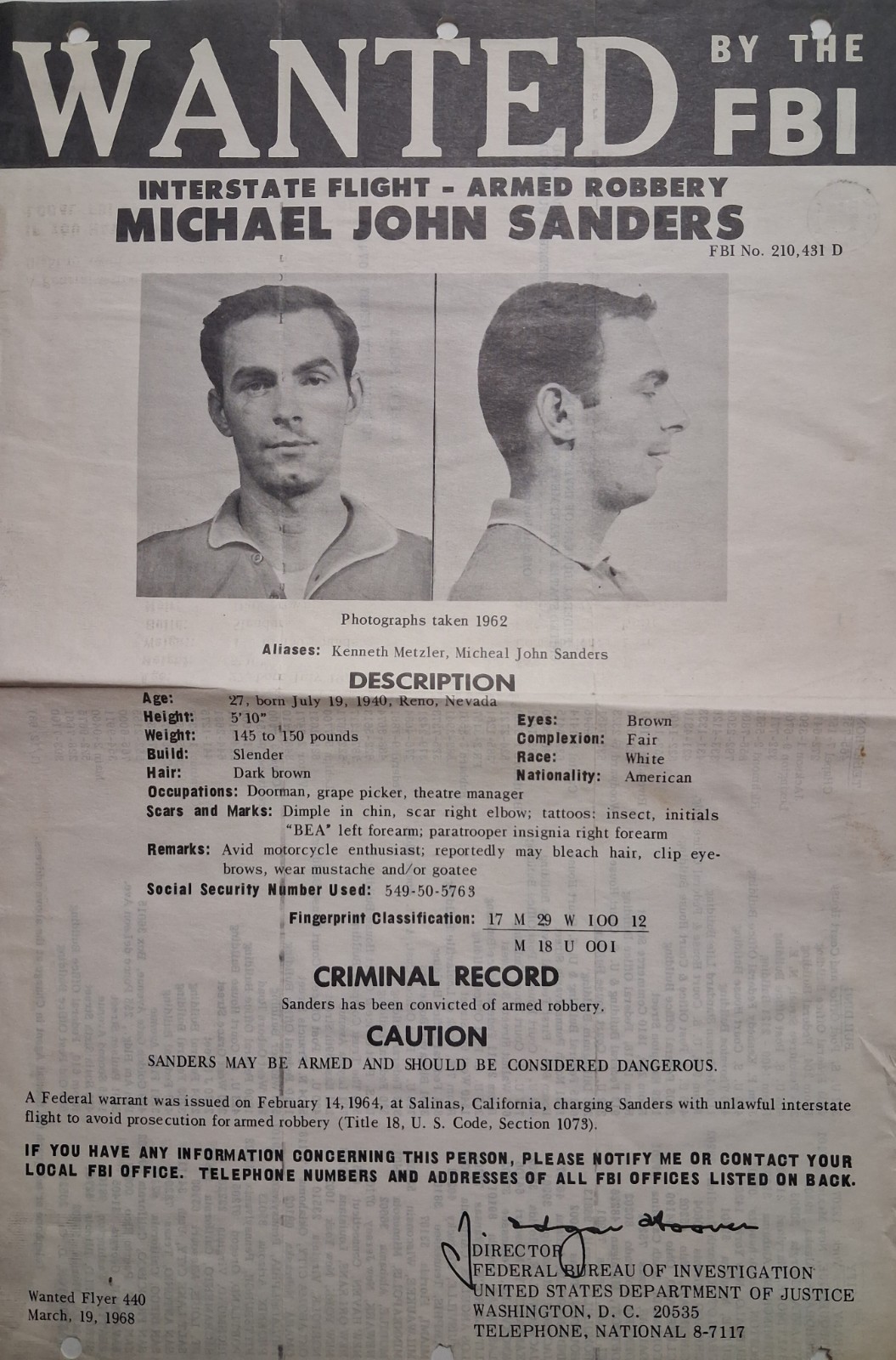 1962 FBI WANTED POSTER Michael John Sanders ARMED ROBBERY Gangster SALINAS CA