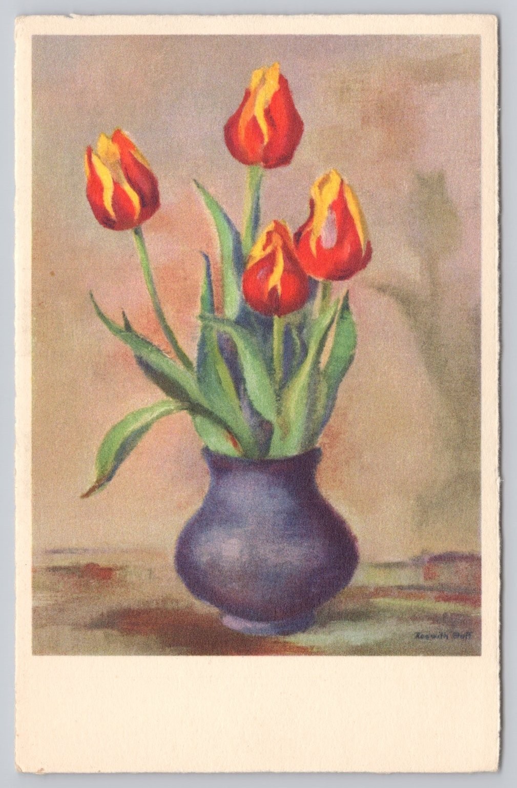 Vintage Leopold Puff Tulips Vase Art Postcard Edition Stehli Switzerland