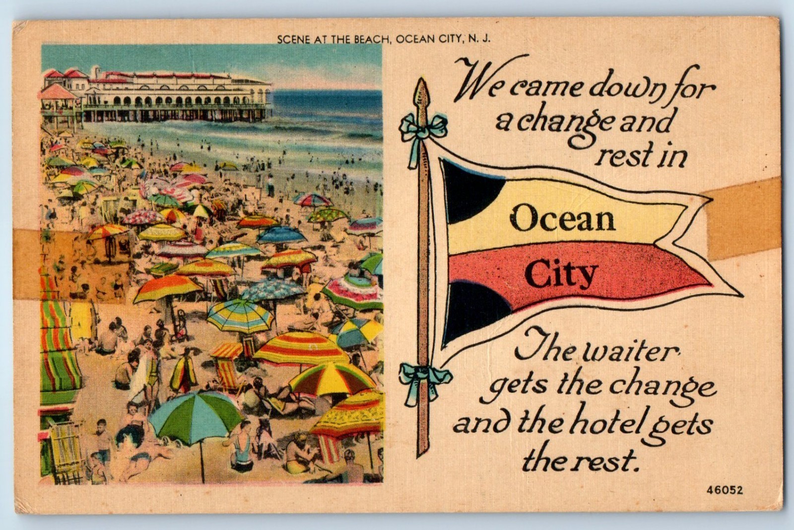c1948 Ocean City New Jersey NJ Vintage Postcard Scene Beach Hotel Rest Posted