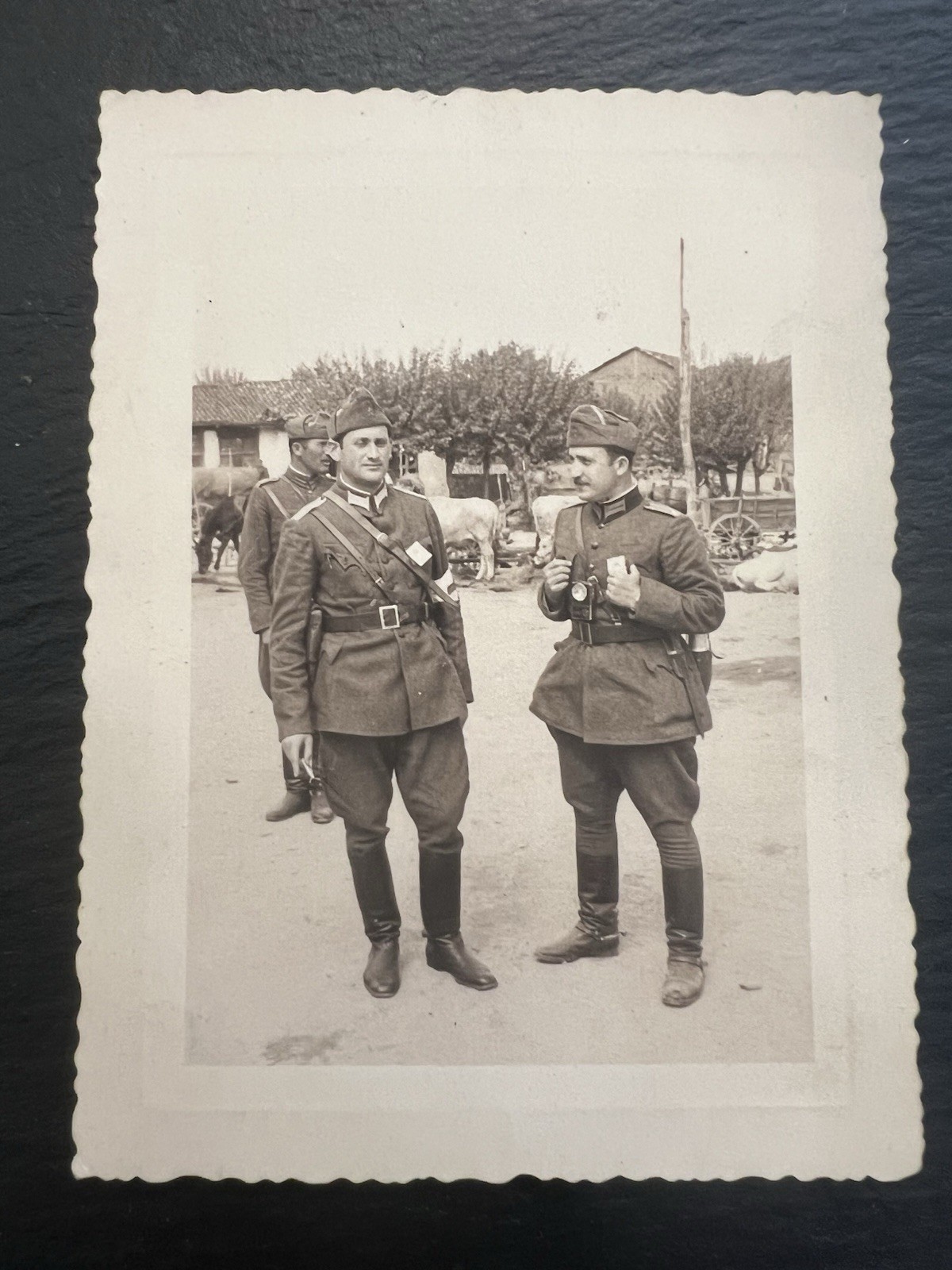 Vintage WWII Photo Bulgarian Soldiers Officers Uniform Village 