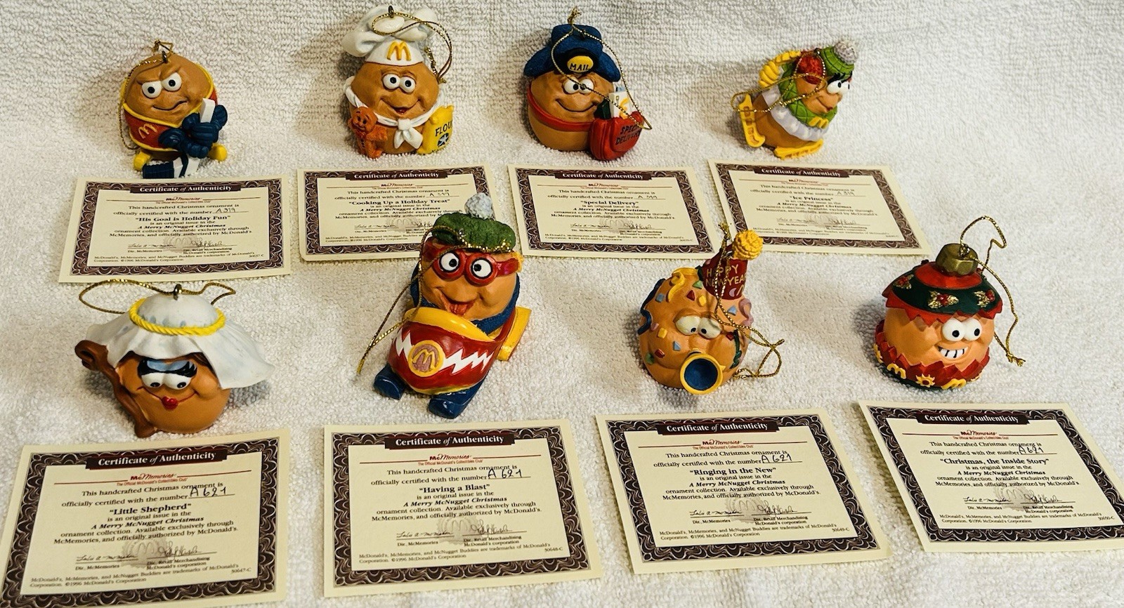Set Of 8 Vintage 1996 McDonald’s Merry McNugget Christmas Ornaments w/COA’S RARE