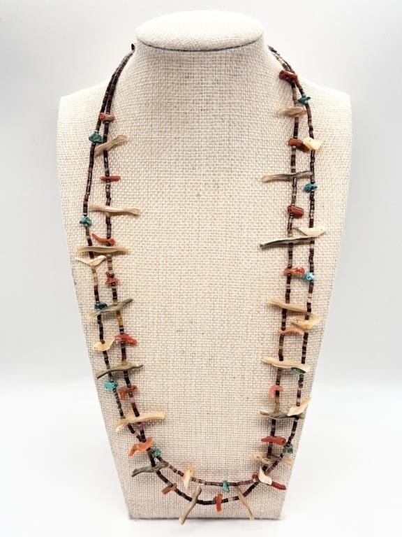 Vintage Southwest Zuni Style Fetish Necklace 53 Carved Heishi 16.5 inch Signed