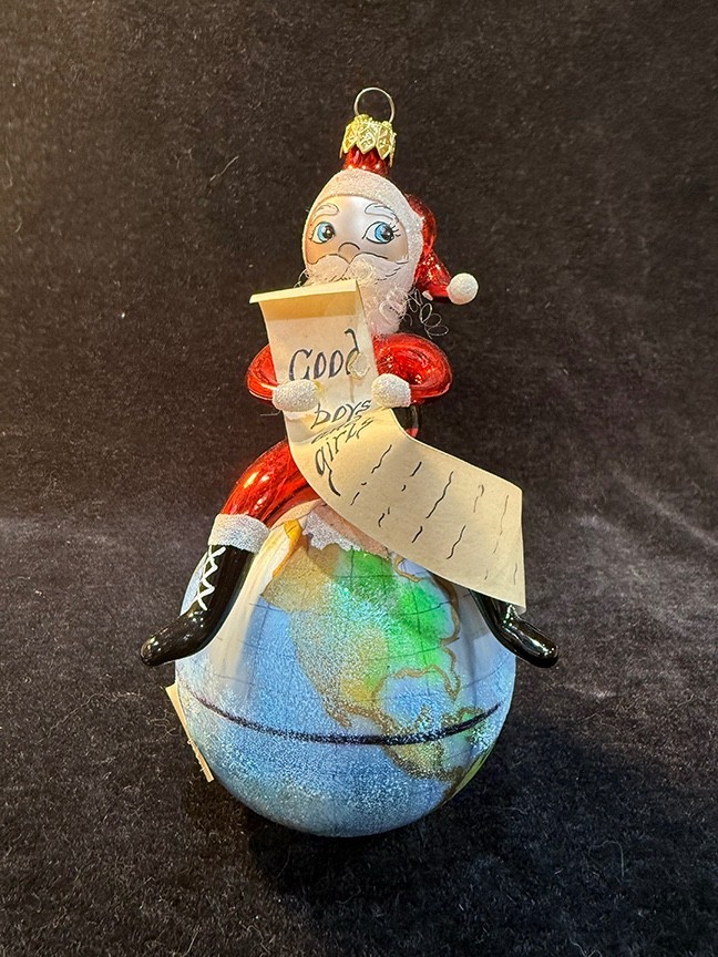Laved Italian Hand Blown Glass Santa on the World Globe Ornament Made in Italy