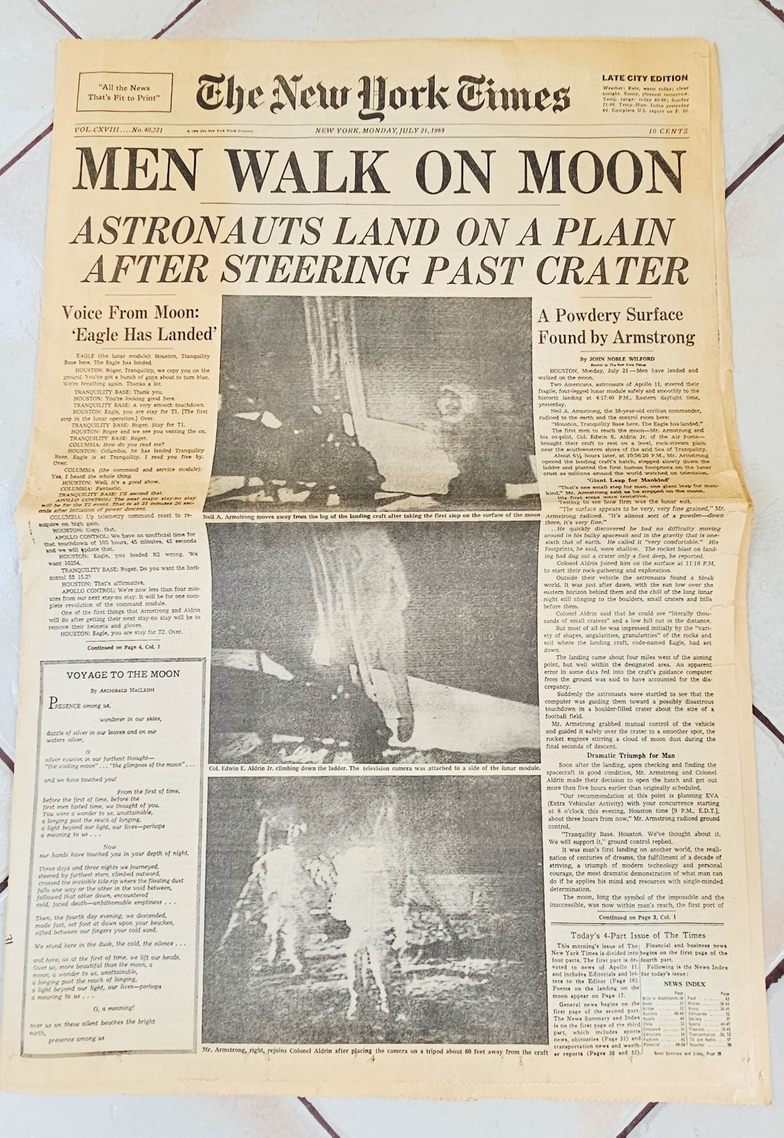 Men Walk on Moon – New York Times July 21, 1969 Late City Ed. Full Section 18 pp Men Walk on Moon – New York Times July 21, 1969 Late City Ed. Full Section 18 pp