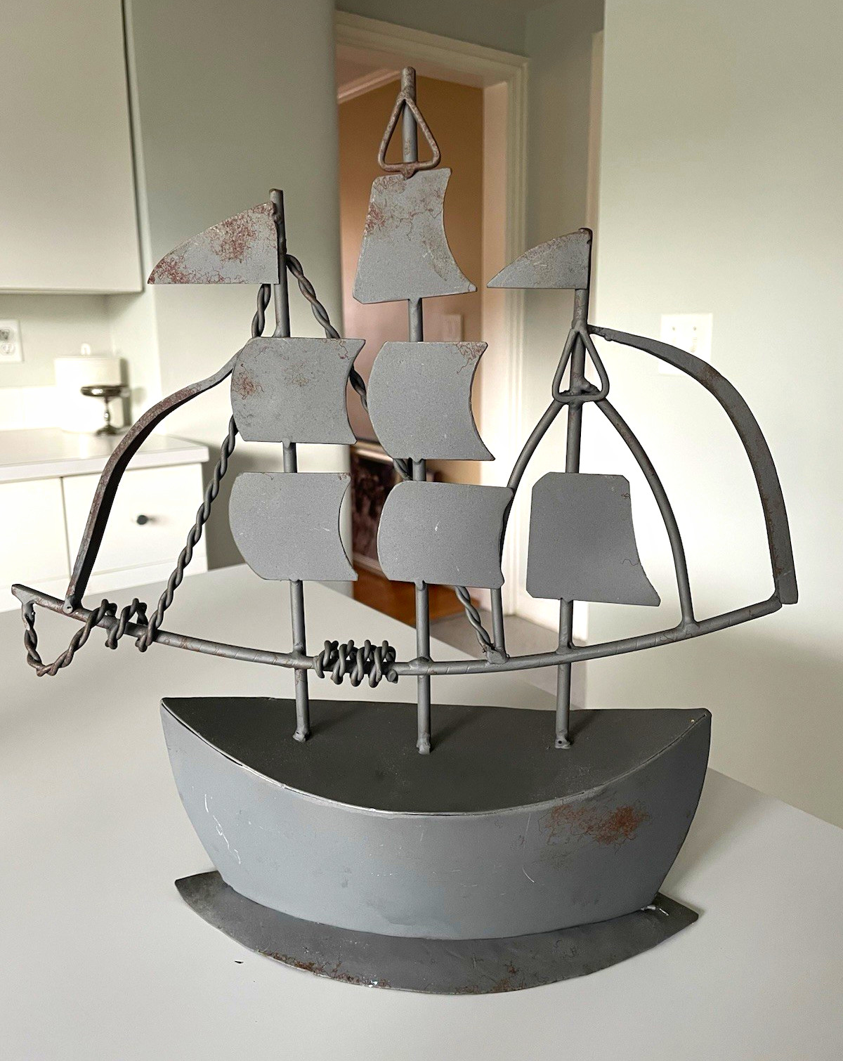 Metal Sailing Ship Sculpture 15” Gray Nautical Sailboat Tabletop Coastal Decor