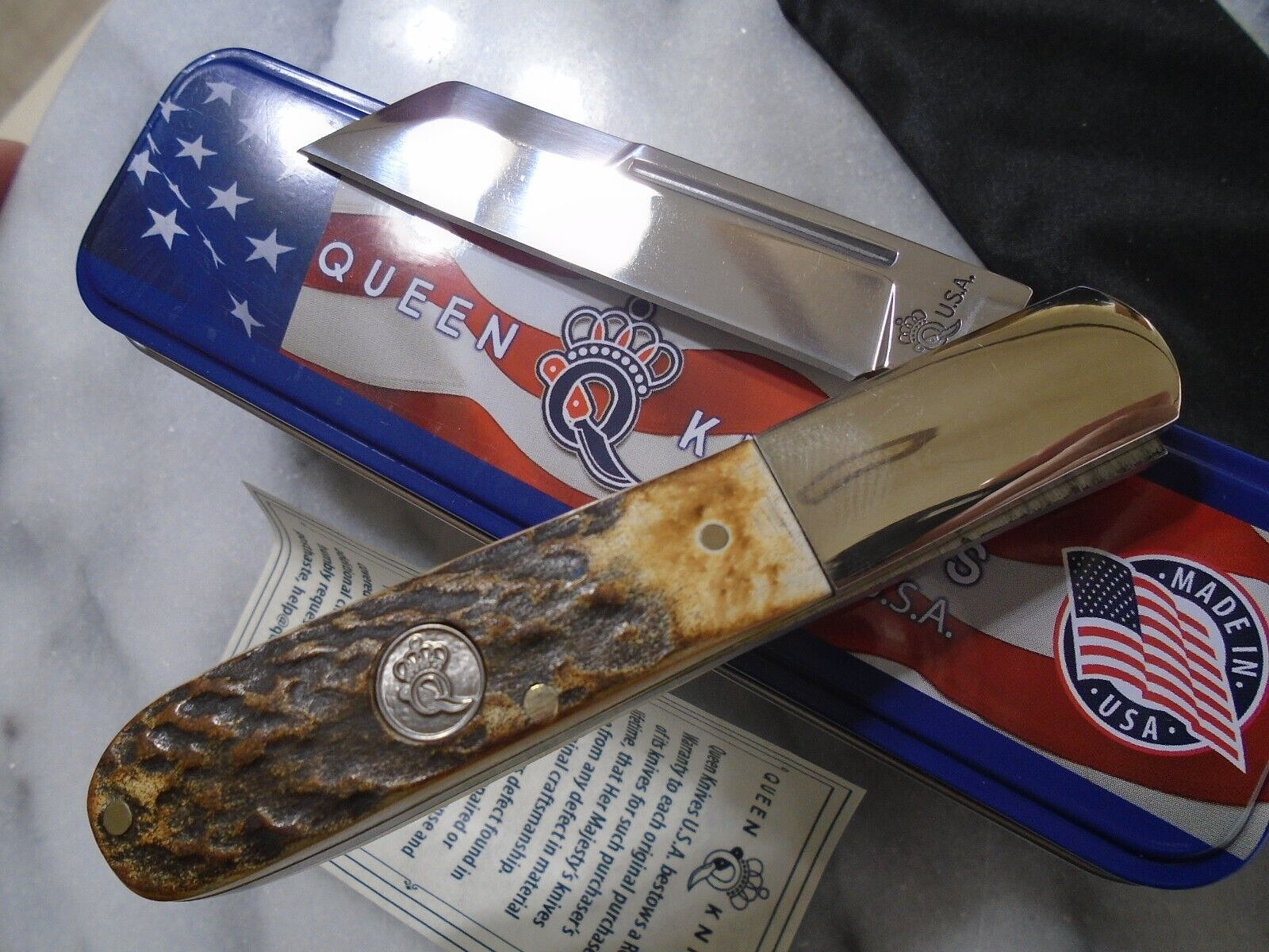 Queen USA Large Sheepsfoot Barlow Pocket Knife Deer Stag 1095CS QGSH180 7\ Queen USA Large Sheepsfoot Barlow Pocket Knife Deer Stag 1095CS QGSH180 7\