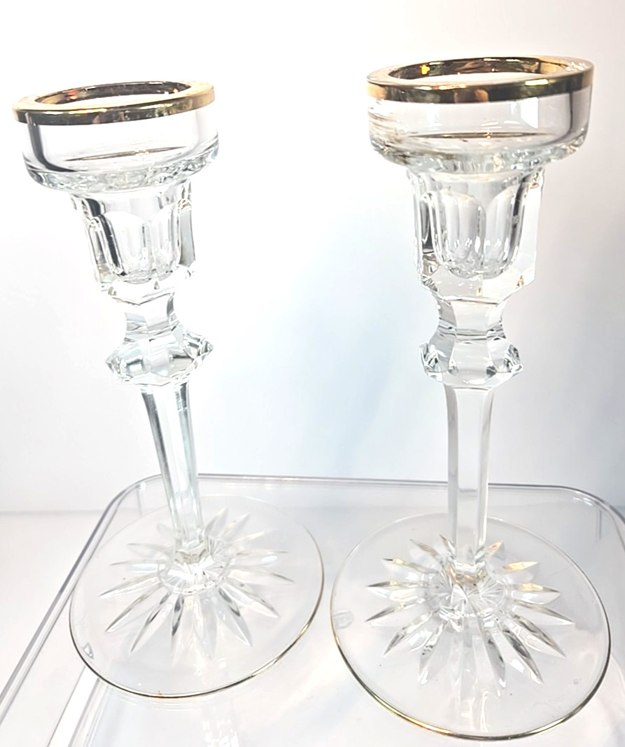 2 Vintage Rogaska Crystal Candle Sticks Holders 6 1/2” Gold Trim Star Burst Pair 2 Vintage Rogaska Crystal Candle Sticks Holders 6 1/2” Gold Trim Star Burst Pair